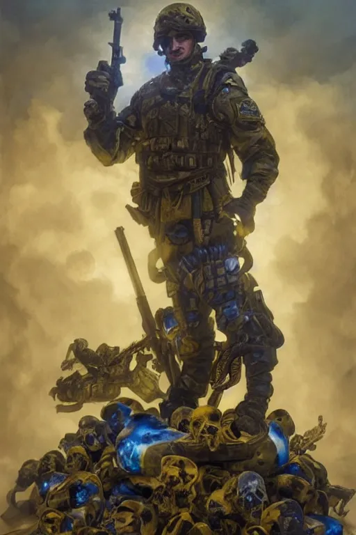 Image similar to special forces soldier with ukrainian blue yellow flag standing on a pile of skulls as a winner, masculine figure, d & d, fantasy, bright atmosphere, volumetric lights, intricate, elegant, extremely detailed, digital painting, artstation, concept art, matte, smooth, sharp focus, hyper realistic, illustration, art by artgerm and greg rutkowski and alphonse mucha