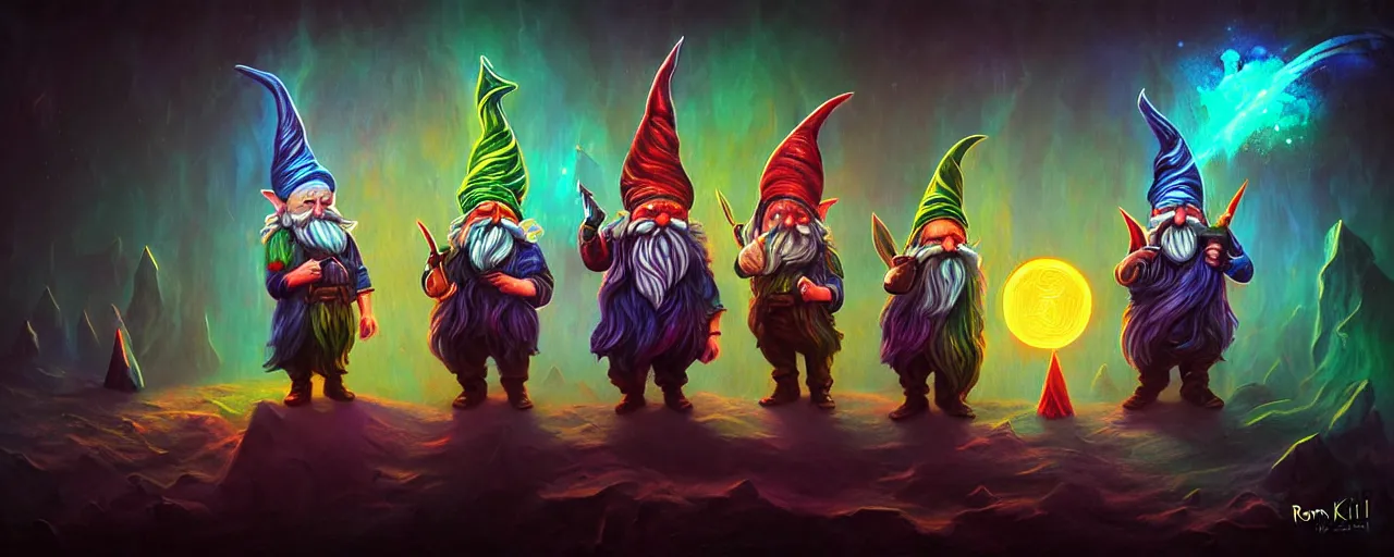 Prompt: whimsical bifrost alchemical gnomes, surreal dark uncanny painting by ronny khalil