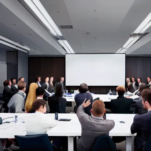Prompt: a long shot, color studio photographic of a well designed conference meeting room with several business persons actively discussing and expressing various opinions, dramatic backlighting, photo from business insider 2 0 1 9, ultra realistic