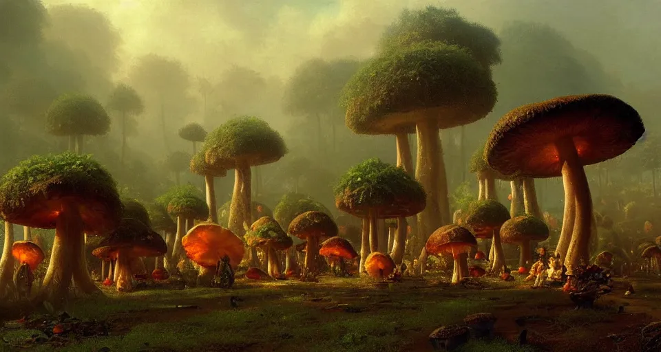 Image similar to A tribal village in a forest of giant mushrooms, by Ivan Aïvazovski,