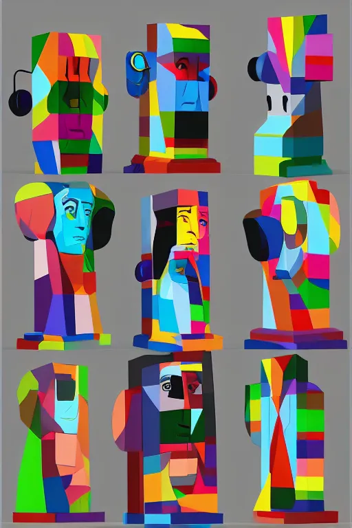 Image similar to cubist moai statue cutout digital illustration cartoon colorful beeple