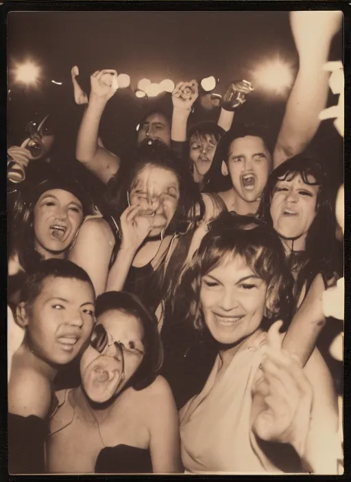 Image similar to photograph of people partying, flash polaroid, golden hour