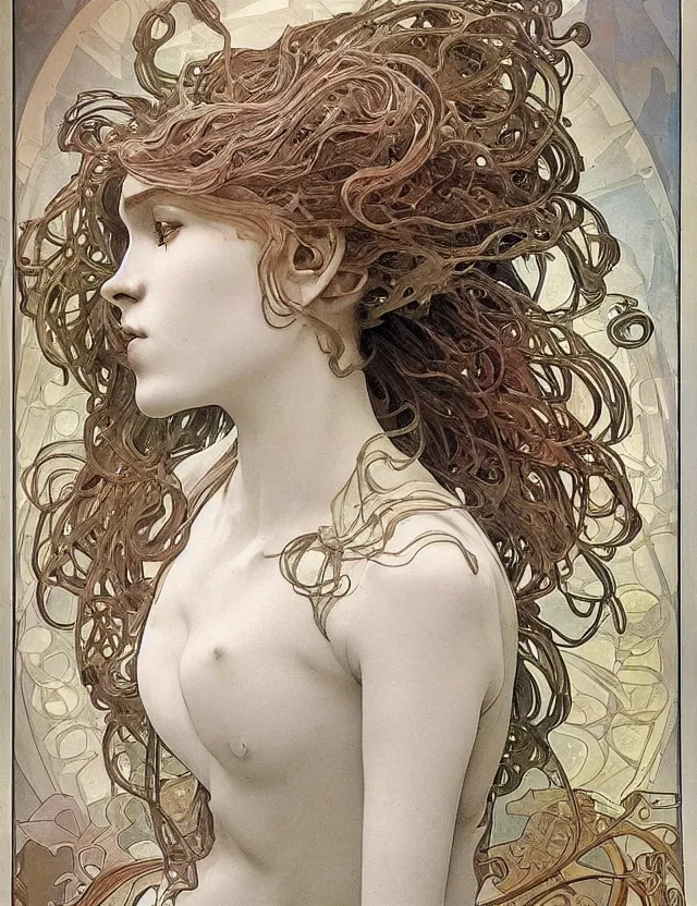 Prompt: epic beautiful intricate and detailed concept art, made from porcelain, abstract female face vivid liquid fluid. sculpture, no background, symetrical, by alphonse mucha