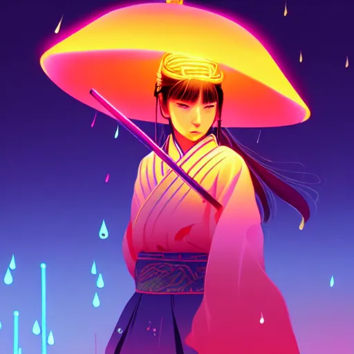 Image similar to Beautiful female samurai, with straw hat, rainy night, neon glow concept art, sharp focus, intricate, digital painting, artstation, official media, anime key visual, highly detailed, rich vivid colors ambient lighting, illustration, art by Artgerm, Makoto Shinkai, Ilya Kuvshinov, Lois Van Baarle and Rossdraws