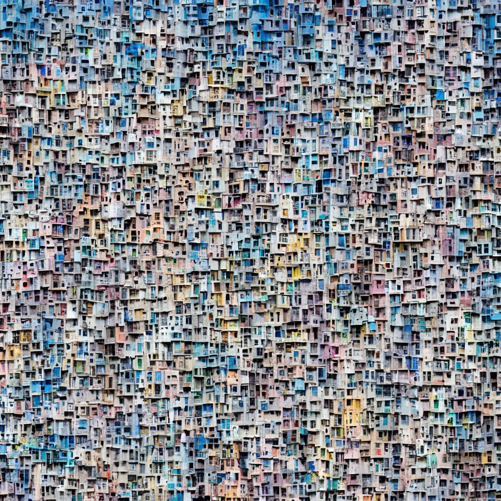 Image similar to close - up towers made up of colourful squatter housing, bleached colours, plain uniform off white sky, dystopia, mamiya, very detailed, ultra sharp, photographed by john chiara