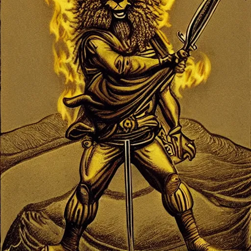 Image similar to One man who looks like a lion holding a sword of fire standing in a nuclear wasteland, highly detailed, photorealistic, medieval drawing H 768