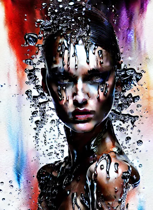 Prompt: fierce wet fashion model, splash, sweat skin, liquid metal dna, effervescent, black roses, poster art, high detail, intricate oil painting and watercolor, deep mood, hyperrealism, 3 d, in the style of irakli nadar,