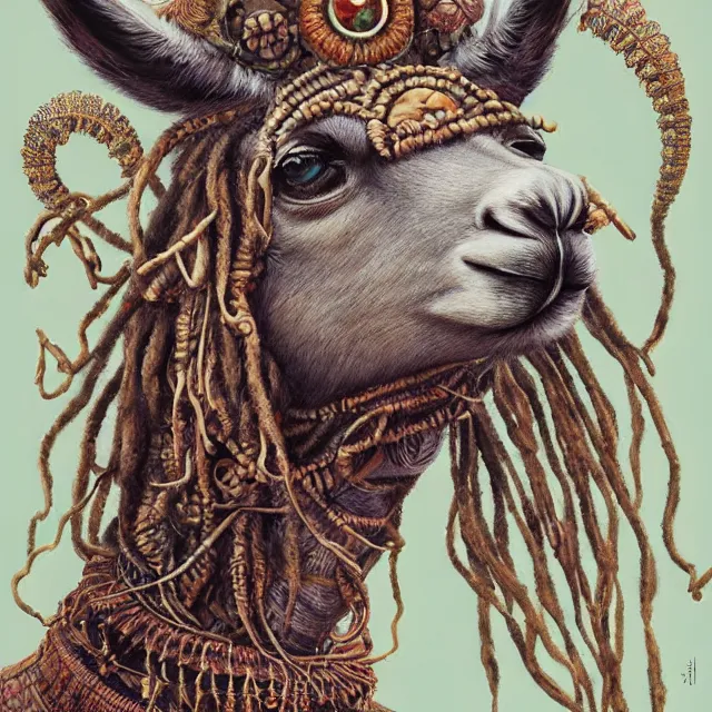 Image similar to llama with dreadlocks, art deco design, by Mandy Jurgens, Ernst Haeckel, James Jean