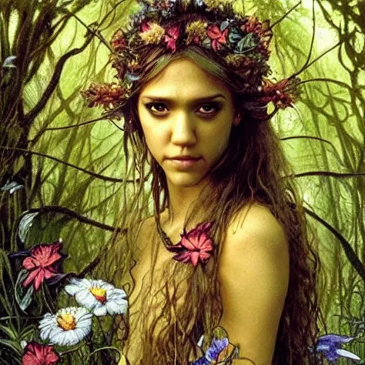 Image similar to head and shoulders portrait of a flowering fey fairy warlock portrayed by young jessica alba, in a magical forest, d & d, fantasy, luis royo, magali villeneuve, donato giancola, wlop, krenz cushart, hans zatka, klimt, alphonse mucha