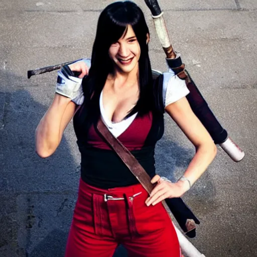 Image similar to Tifa Lockhart from Final Fantasy VII Remake (2020) laughing with the Italian flag in the background