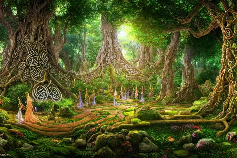 Image similar to a beautiful and highly detailed digital painting of an elven temple in a beautiful garden in a mystical forest, lothlorien, psychedelic patterns, celtic designs, intricate details, epic scale, hyperdetailed, hyperrealism,, artstation, cgsociety, 8 k, sharp focus, by caspar friedrich, albert bierstadt, james gurney, brian froud,