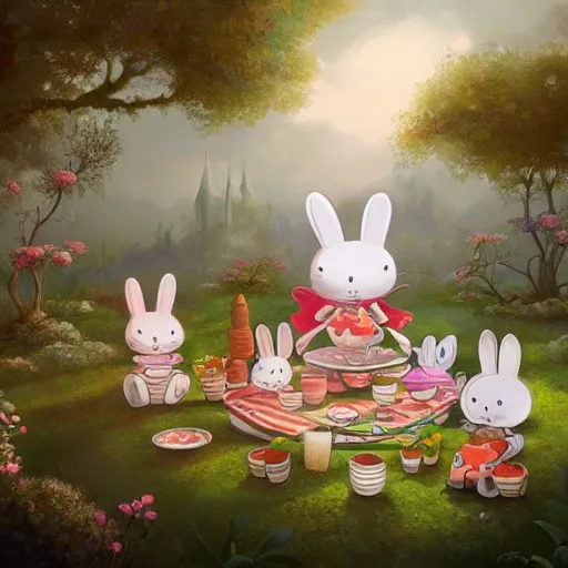 Image similar to Miffy the Miffers is having a Tea Party in the garden, summer, 8k resolution matte fantasy painting, cinematic lighting, DeviantArt, Artstation, Jason Felix Steve Argyle Tyler Jacobson Peter Mohrbacher