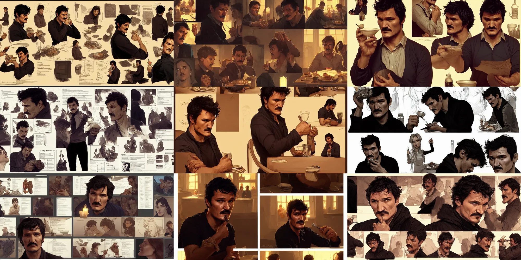 Prompt: pedro pascal eating dinner, storyboard, character sheet, character design, contrast, deep focus, turnaround, highly detailed, dramatic lighting, digital painting, artstation, concept art, matte, sharp focus, illustration, elegant, art by artgerm and greg f and alphonse mucha.