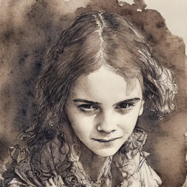 Prompt: a detailed, intricate watercolor and ink portrait illustration with fine lines of young 1 4 year old emma watson looking over her shoulder, laughing loudly, by arthur rackham and edmund dulac and lisbeth zwerger