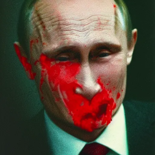 Image similar to photo of Putin with blood splatter on his face, cinestill, 800t, 35mm, full-HD