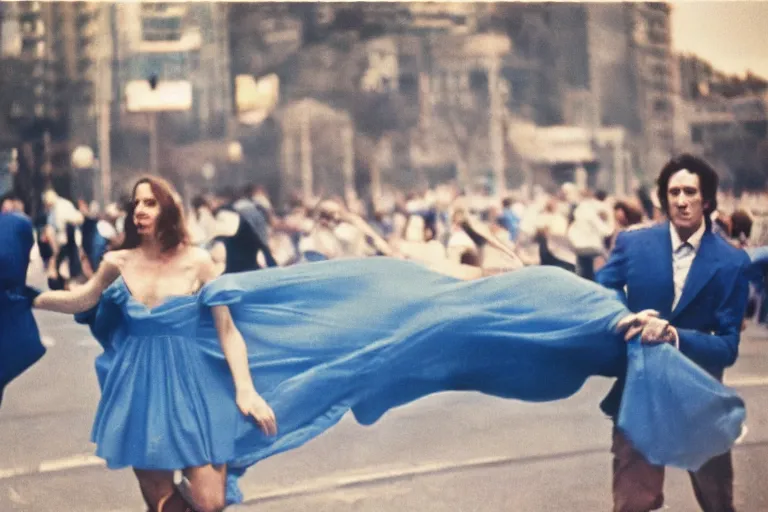 Image similar to film photography, 35mm, 1970s, love and romantic in blue colors, feeling of young and freedom, in style of Joel Meyerowitz