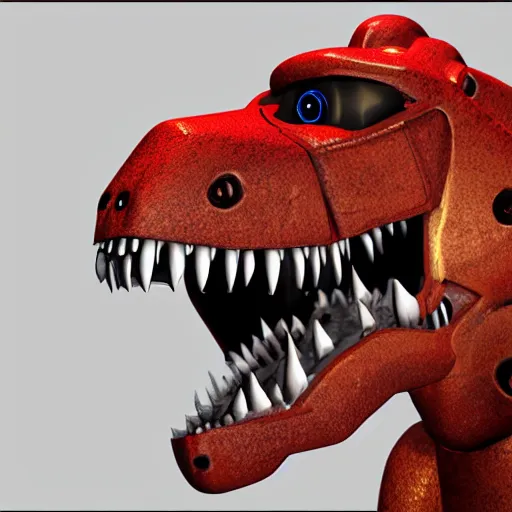 Image similar to an illustration of a t-rex as a fnaf animatronic, photorealistic, octane render