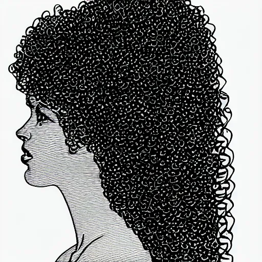 Image similar to a black and white line drawing of the silhouette of a woman with long curly hair using a dress