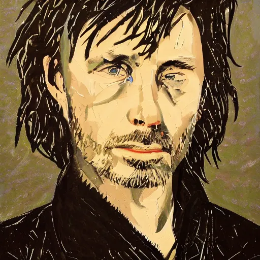 Image similar to Thom Yorke, a man with a beard and a black jacket, a portrait by John E. Berninger, dribble, neo-expressionism, uhd image, studio portrait, 1990s