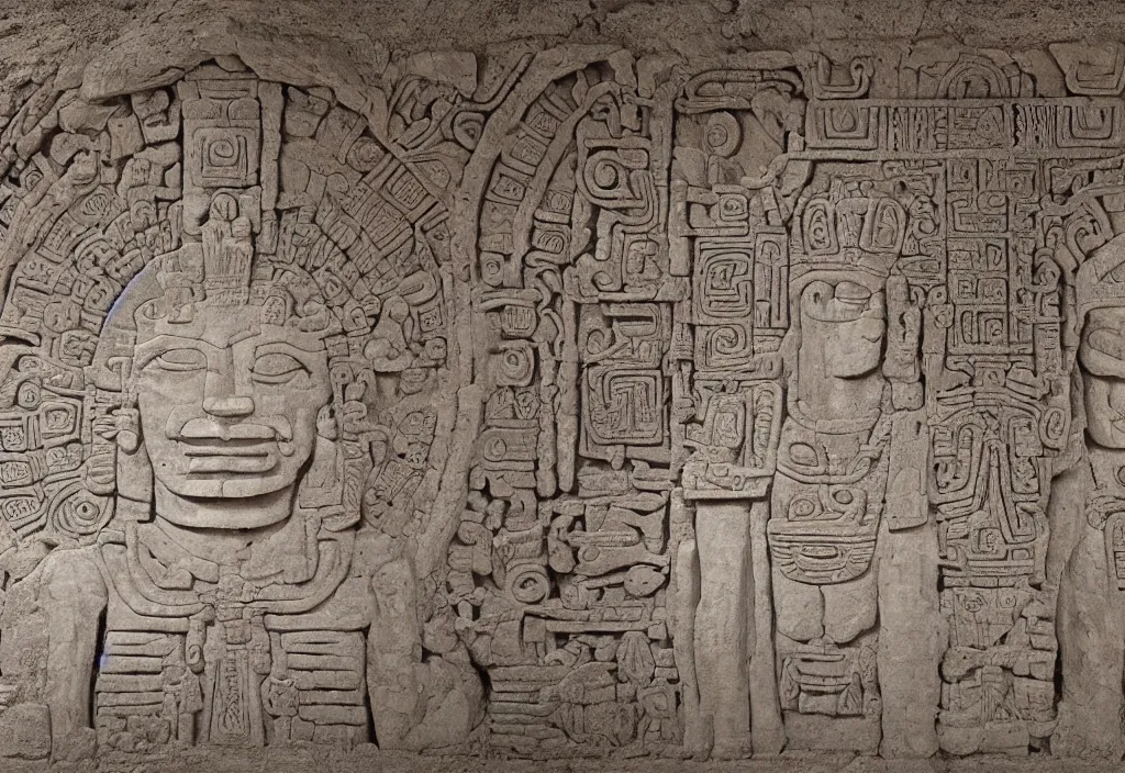 Image similar to a mayan temple interior with symmetric recogniseable giant face portrait of a mayan god-emperor in the center Carved in stone relief style behind an ancient altair of sacrafice. 3d render. Realistic. Well Detailed. Torch light. Omnious, intricate. H.r. giger painting influenced by alien reliefs