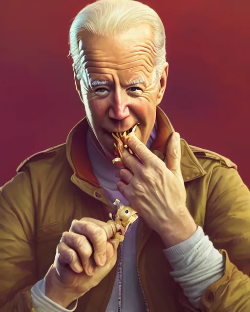 Image similar to highly detailed vfx portrait of a drooling joe biden, stephen bliss, unreal engine, greg rutkowski, loish, rhads, beeple, makoto shinkai and lois van baarle, ilya kuvshinov, rossdraws, tom bagshaw, alphonse mucha, global illumination, detailed and intricate environment