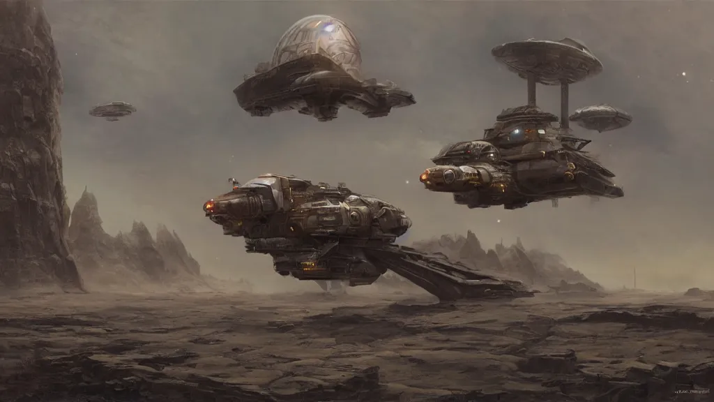 Image similar to small organic dropship lander design by john schoenherr and glenn barr, epic cinematic matte painting