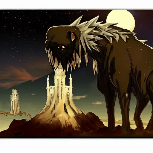 Image similar to Anime style, desert at night filled with monstrous beasts, tall white tower in the background, HD,