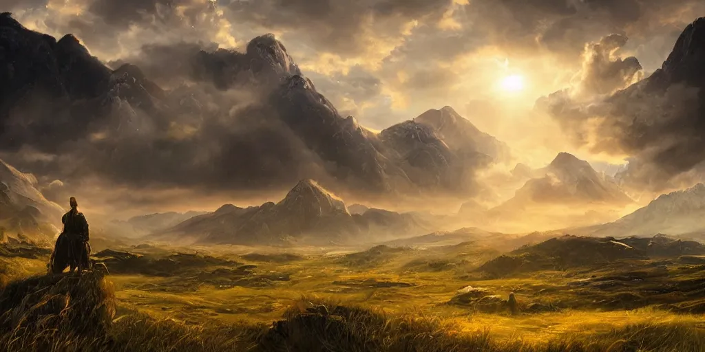 Image similar to a cinematic landscape view looking at an open field with a dragon flying above, mountains in the distance, the sun shines through the parted clouds, digital painting, fantasy, art by alexandre mahboubi and christophe oliver