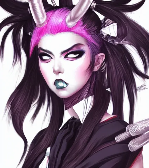 Prompt: ibuki mioda, a japanese punk girl with hair horns and streaked hair, rocking out, awesome, art by stanley lau, artgerm, rossdraws, ross tran, sakimichan, cyarine, beautiful art