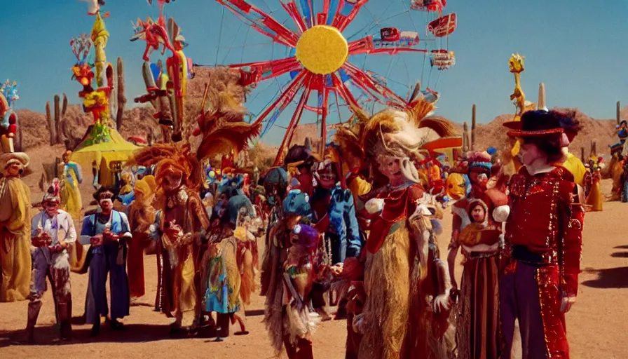 Prompt: movie still by alejandro jodorowsky of a carnival in the desert, cinestill 8 0 0 t eastmancolor technicolor, high quality, very detailed, heavy grain, fine facial features, 8 k, octane render