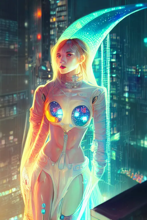 Image similar to portrait futuristic wizard Girl with fire and sparkles, in future cyberpunk tokyo rooftop , ssci-fi, fantasy, intricate, very very beautiful, elegant, human anatomy, human structure, neon light, highly detailed, digital painting, artstation, concept art, smooth, sharp focus, illustration, art by tian zi and WLOP and alphonse mucha