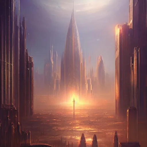 Prompt: a matte painting of beautiful religious golden science fiction city, with large buildings, cinematic lighting, hd, atmospheric, hyper detailed, trending on artstation, deviantart, digital painting, concept art smooth sharp focus illustration, art by artgerm, greg rutkowski, craig mullins and raoul marks