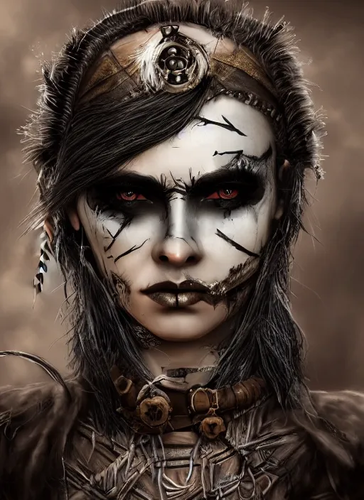 Image similar to digital art of a young woman in dark shamanistic ritual clothing accented by black feathers, dark ravenlike makeup on her face, post apocalyptic, dystopian, high resolution, highly detailed, fallout, raider, 4 k, artstation, dark lighting