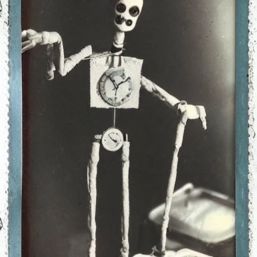 Image similar to creepy marionette puppet, clockwork horror, pediophobia, lost photograph, forgotten, final photo found before disaster, polaroid,