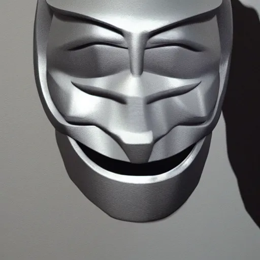 Image similar to MF DOOM mask, highly detailed photo realistic render, shadows, sculpture