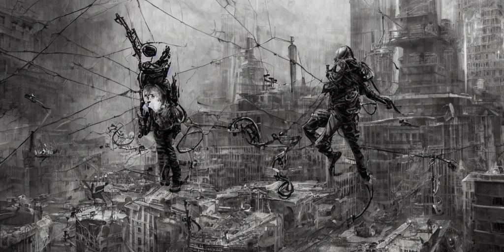 Image similar to cinematic shots of teenagers with tactical clothing and hoods hanging from wires on top of the capitol building covered with giant graffitis, dystopian future, industries in ruins, sci - fi, night lights, haze, concept art, intricate, in the style of katsuhiro otomo, akira, unreal engine