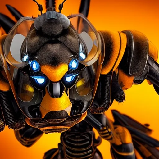 Image similar to still photo of bumblebee with fire in its eyes, insect photography, highly detailed, photorealistic portrait, bright studio setting, studio lighting, crisp quality and light reflections, unreal engine 5 quality render