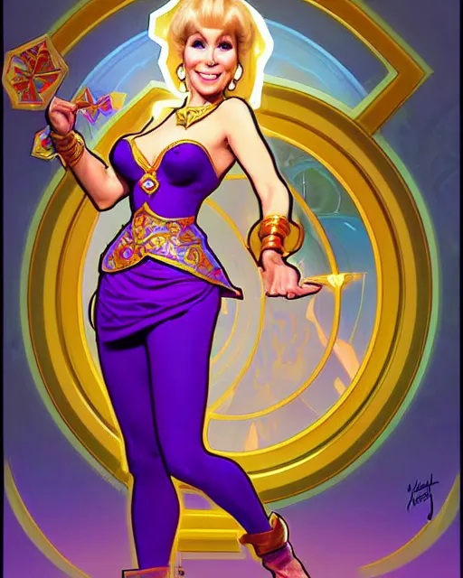 Image similar to barbara eden's jeannie as the genie of ai artwork, comic cover painting, masterpiece artstation. 8 k, sharp high quality artwork in style of wayne reynolds, alphonse mucha, arthur adams, greg rutkowski, and don bluth, concept art by jack kirby, blizzard warcraft artwork, hearthstone card game artwork