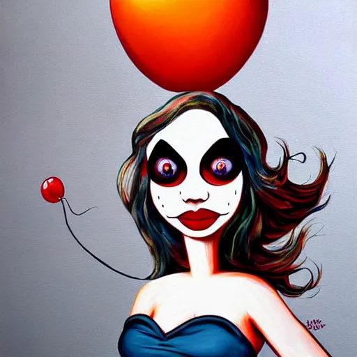 Image similar to grunge cartoon painting of margot robbie with a wide smile and a red balloon by chris leib, loony toons style, pennywise style, corpse bride style, horror theme, detailed, elegant, intricate