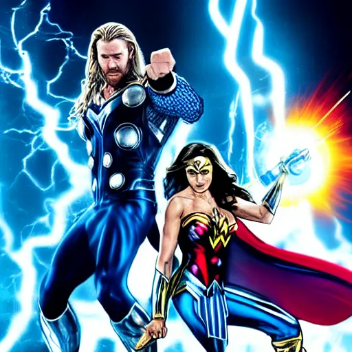 Image similar to thor and wonder woman in new york, fighting against villain electro, cinematic movie scene, epic fight, blue lightning, yellow lightning, photo, effects shot
