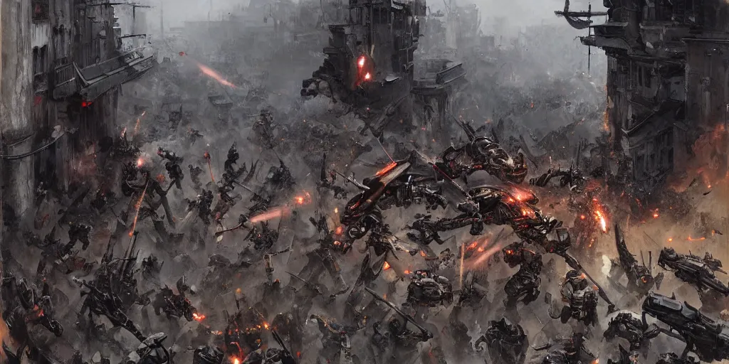 Image similar to french army and civilians are getting slaughtered by demonic samurai robot in the interbellum paris, very detailed painting, concept art, intense heavy street battle, pile of bodies, blood on the streets, art by greg rutkowski and jakub rozalski