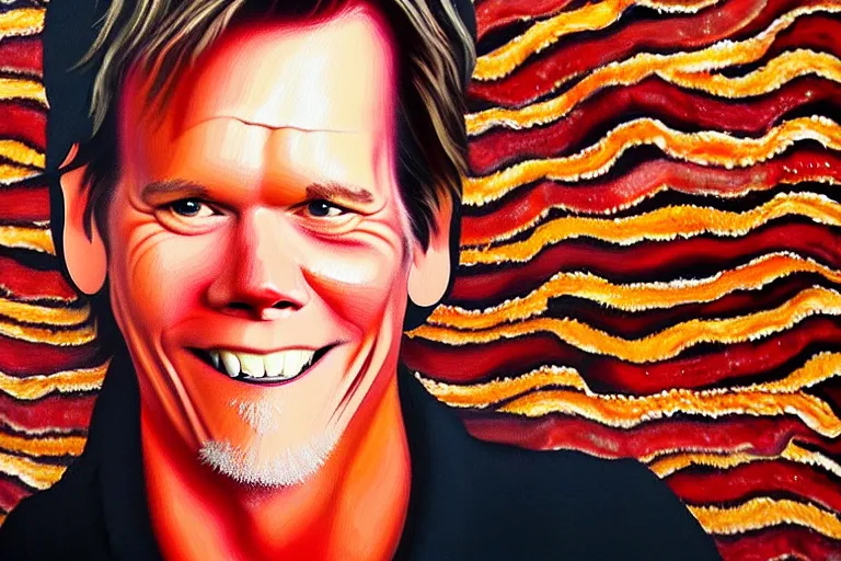 Prompt: a painting of! kevin bacon! made of bacon rashers, 8 k, cinematic, movie still