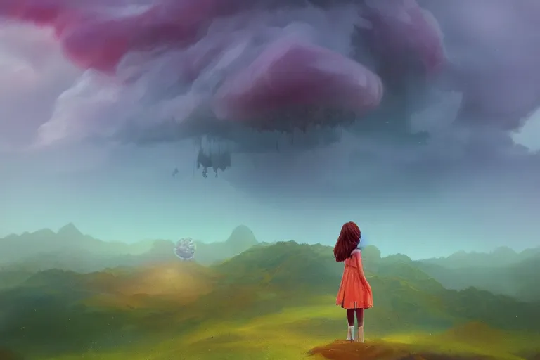 Image similar to closeup giant dahlia flower as head, girl standing on mountain, surreal photography, blue storm clouds, dramatic light, impressionist painting, digital painting, artstation, simon stalenhag