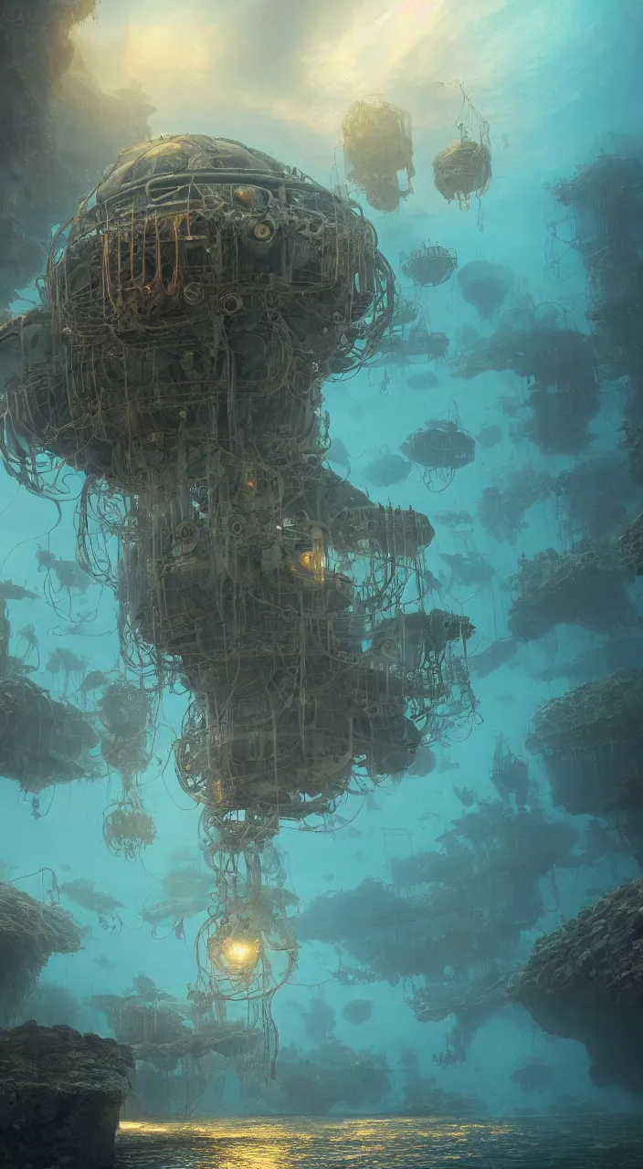 Prompt: underwater city that resembles steampunk man o war jellyfish, james gurney, thomas kinkade, cinematic lighting, artstation, vibrant nature, tuomas korpi, tekkon kinreet, volumetric light, artstation, octane render, redshift render, low angle camera, rich deep moody colors