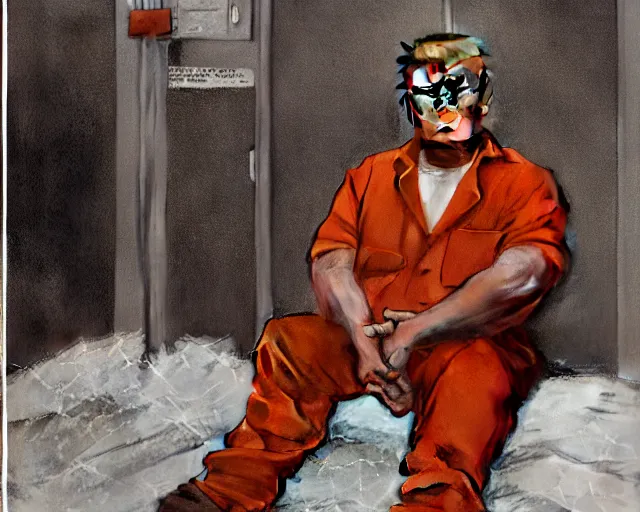 Prompt: a portrait of Donald trump sitting on the floor of a filthy jail cell lit by spotlight, dimly lit, wearing a orange jumpsuit in jail by craig mullins and norman rockwell, octane, 35mm photo,