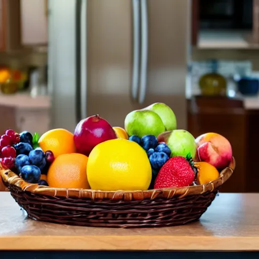 Prompt: a fruit basket on top of a kitchen table, action photo