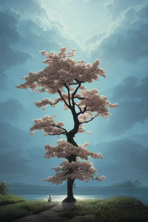 Image similar to a distant! sakura tree on a lake, viewed from afar, stephen bliss, misty, unreal engine, fantasy art by greg rutkowski, loish, rhads, ferdinand knab, makoto shinkai and lois van baarle, ilya kuvshinov, rossdraws, tom bagshaw, global illumination, radiant light, minimalist, detailed and intricate environment