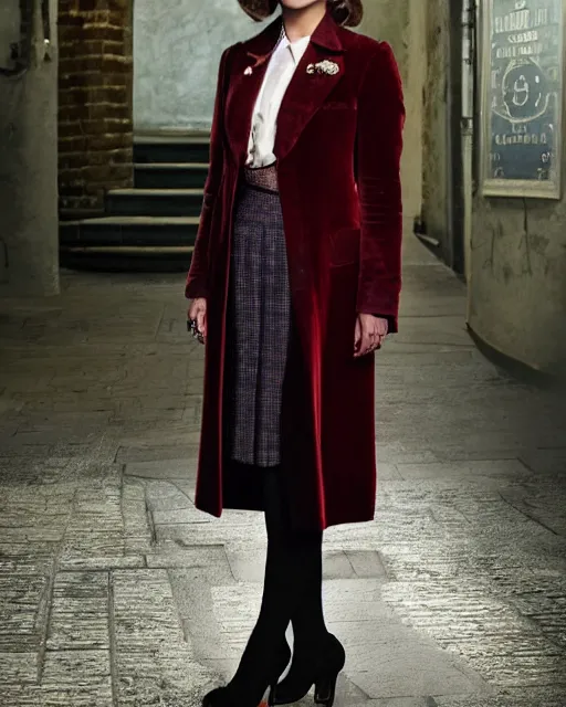 Prompt: Jenna Coleman as the Doctor, velvet coat, waistcoat