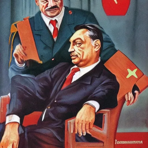 Image similar to hungarian prime minister viktor orban sits on stalin's lap, soviet propaganda poster art, highly detailed, colored