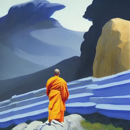 Image similar to ripped physique portrait of the astute monk blue robe climbing the treacherous mountain stairway to the monastery jamie wyeth james gilleard edward hopper greg rutkowski acrylic painting